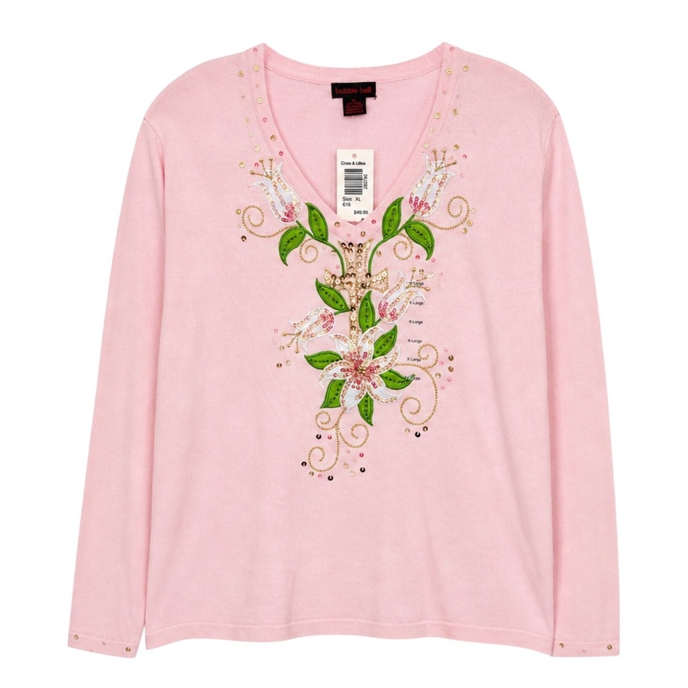 Bobbie Bell Pink Floral Cross‎ Sequin Embroidered V-Neck Sweater XL NWT